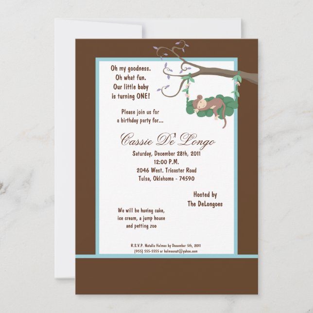 invitation de fête d'anniversaire de singe Brown 5 (Devant)