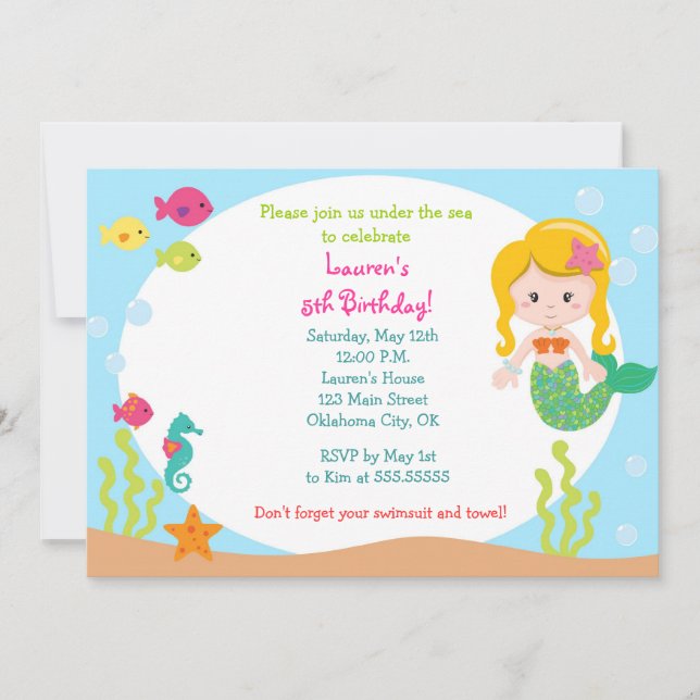 Invitation de fête d'anniversaire de sirène (Devant)