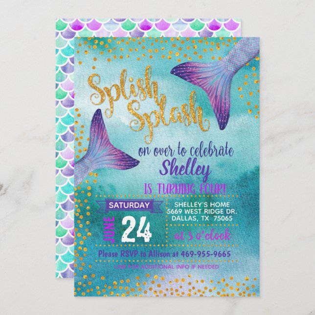 Invitation de fête d'anniversaire de sirène (Devant / Derrière)