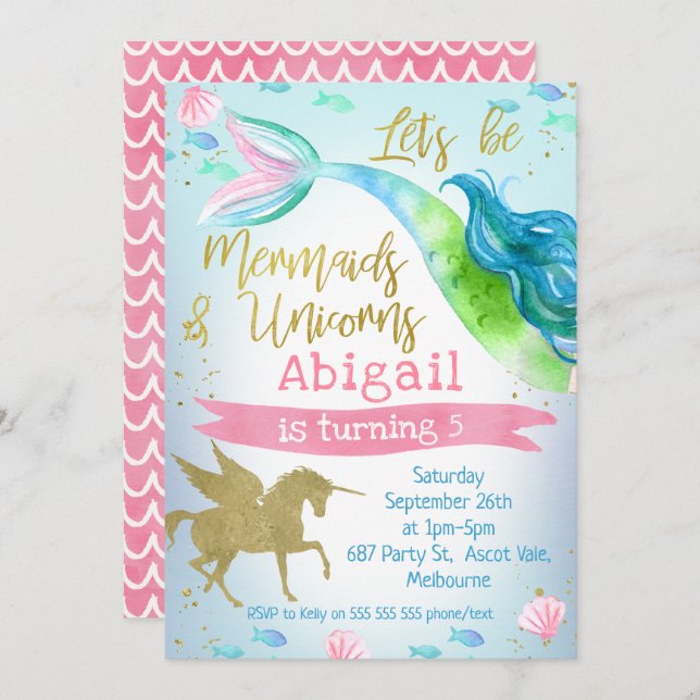 Invitation de fête d'anniversaire de sirène et de (Devant / Derrière)