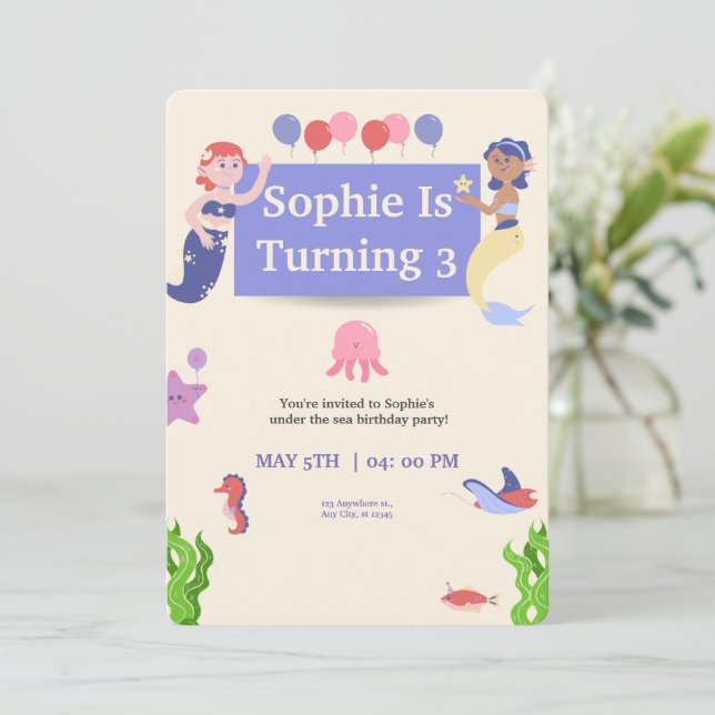 Invitation De Fête D'Anniversaire De Sirène, Sous  (Debout devant)