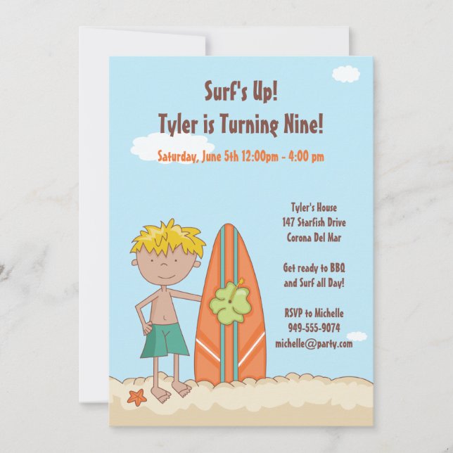 Invitation de fête d'anniversaire de surfer (Devant)