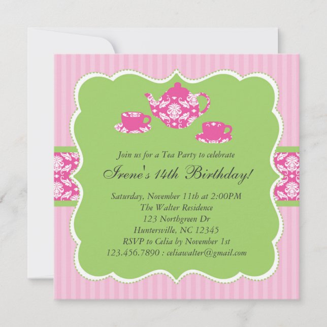 Invitation de fête d'anniversaire de théière (Devant)