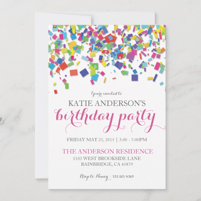 Invitation de fête d'anniversaire des confettis | (Devant)