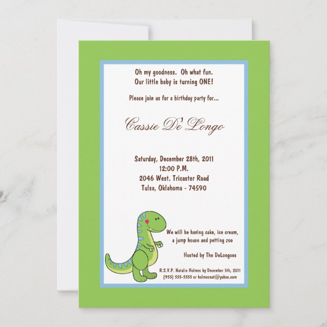 invitation de fête d'anniversaire du dinosaure 5x7 (Devant)