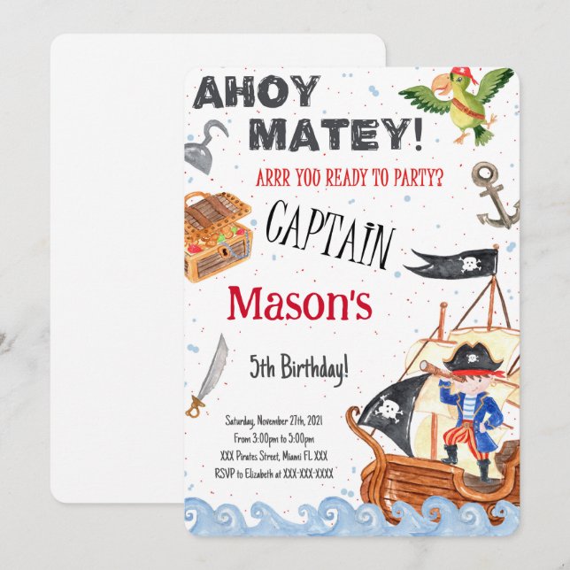 Invitation de fête d'anniversaire du Pirate (Devant / Derrière)