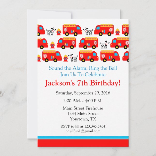 Invitation de fête d'anniversaire du pompier (Devant)