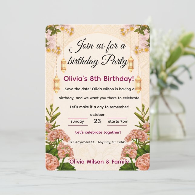 Invitation de fête d'anniversaire Elégant floral (Debout devant)