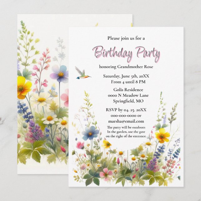 Invitation de fête d'anniversaire fleur sauvage (Devant / Derrière)