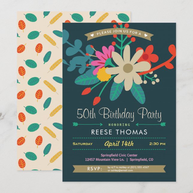Invitation de fête d'anniversaire florale (Devant / Derrière)