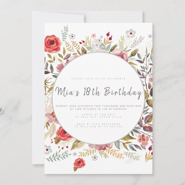 Invitation de fête d'anniversaire florale (Devant)