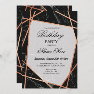 Invitation de fête d'anniversaire Marbre noir Rose