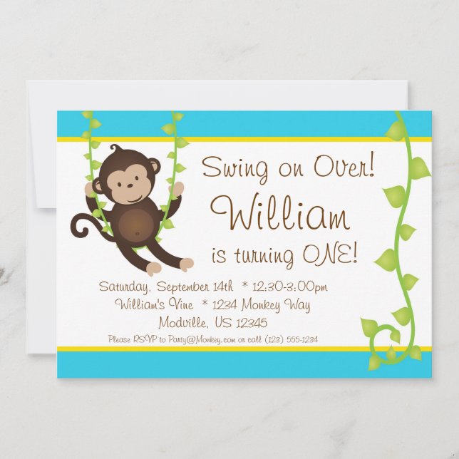 Invitation de fête d'anniversaire Mod Monkey Blue  (Devant)