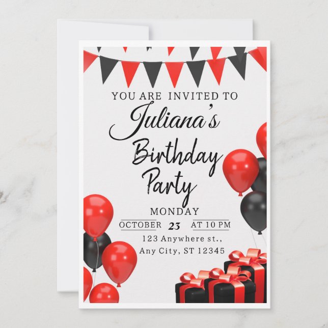Invitation de fête d'anniversaire moderne rouge et (Devant)