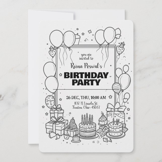 Invitation de fête d'anniversaire noir et blanc (Devant)