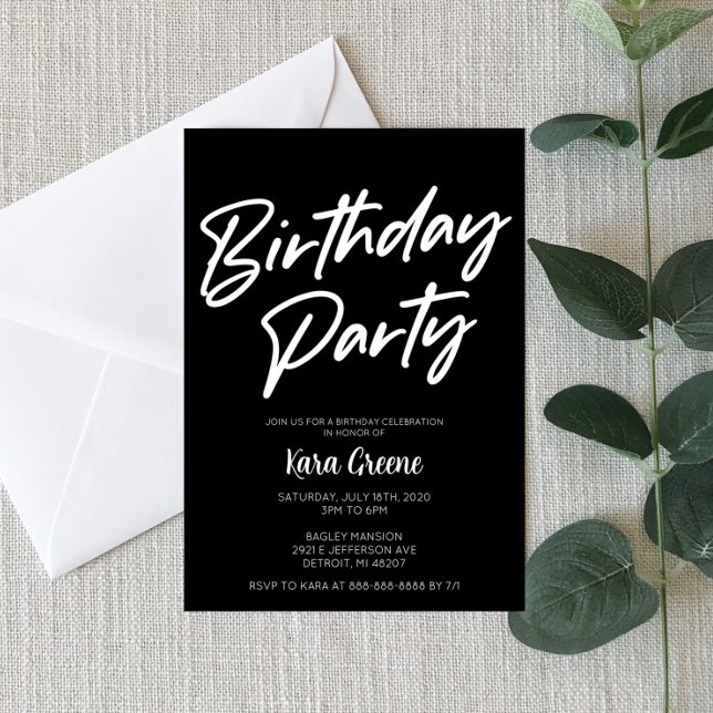 Invitation de fête d'anniversaire noire et blanche (Créateur téléchargé)
