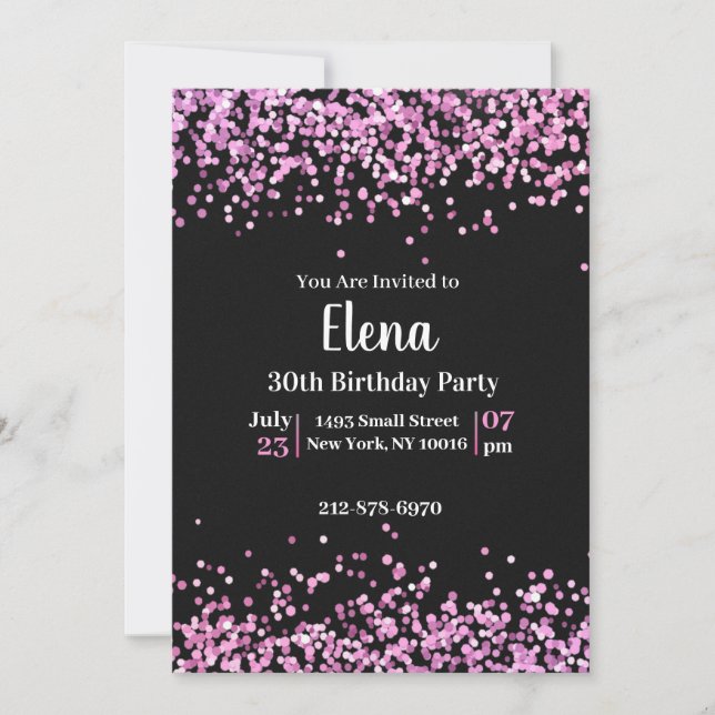 Invitation de fête d'anniversaire noire et rose (Devant)
