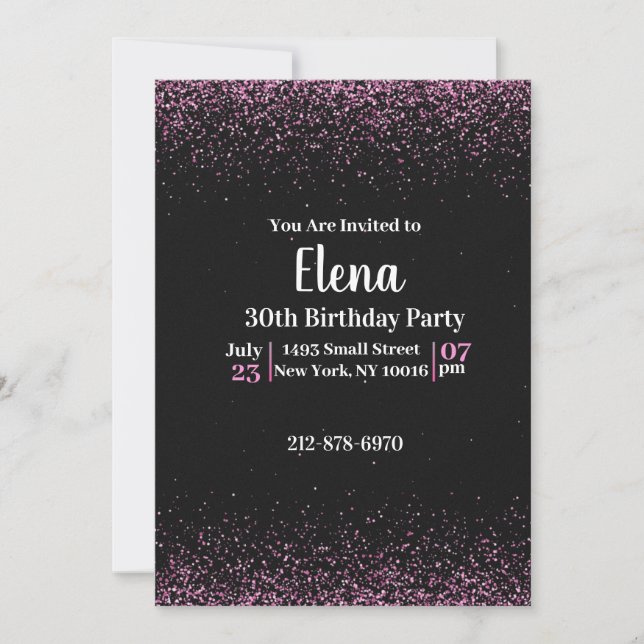 Invitation de fête d'anniversaire noire et rose (Devant)