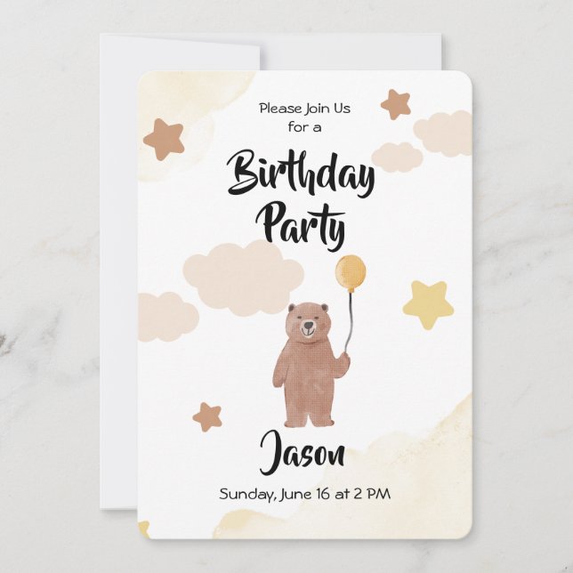 Invitation de fête d'anniversaire Ours avec ballon (Devant)