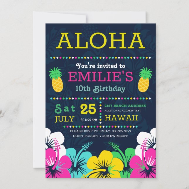 Invitation de fête d'anniversaire polynésien color (Devant)
