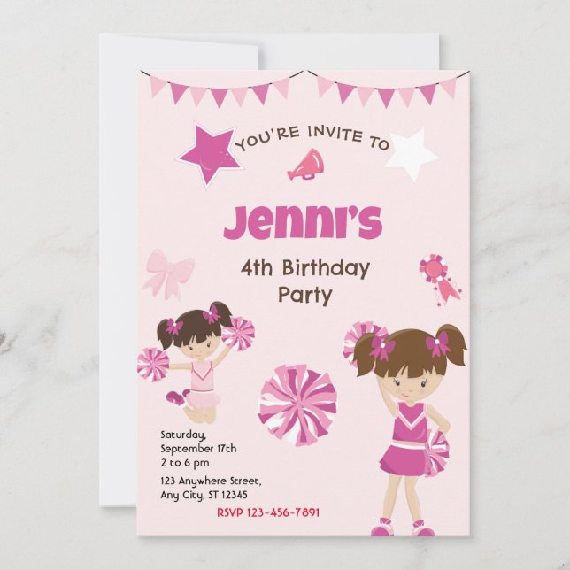 Invitation de fête d'anniversaire pom-pom girl (Devant)