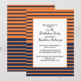 Invitation de fête d'anniversaire rayée bleu orang