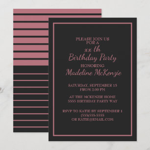Invitation de fête d'anniversaire rayée or Rose No