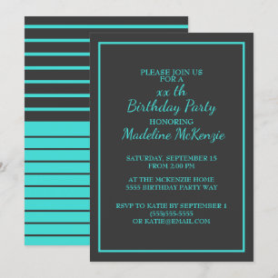 Invitation de fête d'anniversaire rayée turquoise 