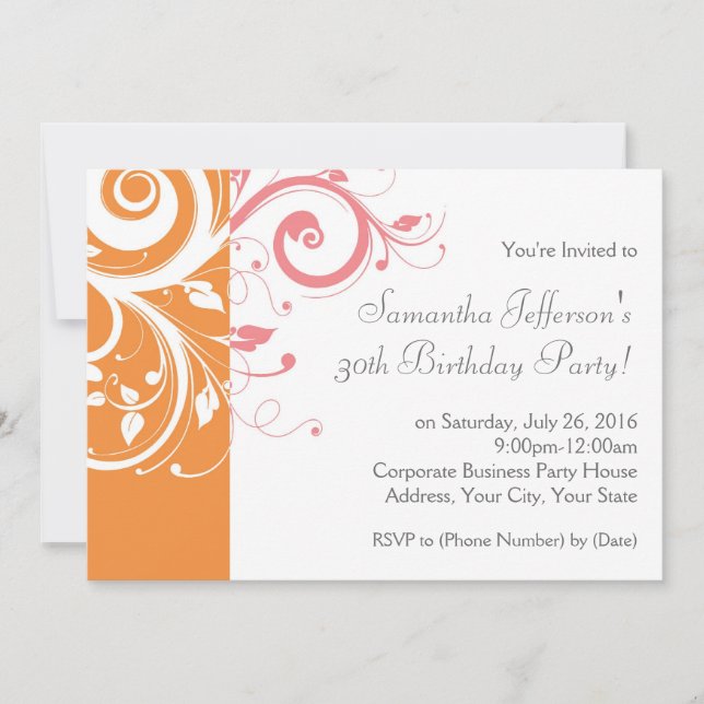 Invitation de fête d'anniversaire rose et orange (Devant)