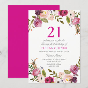 Invitation de fête d'anniversaire rose floral 21e