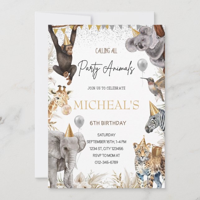 Invitation de fête d'anniversaire Safari EDITABLE  (Devant)