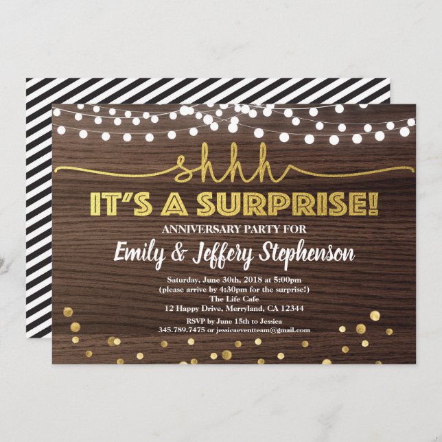 Invitation de fête d'anniversaire surprise bois et (Devant / Derrière)