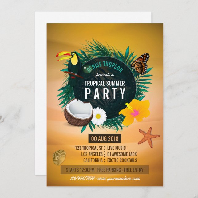 Invitation de fête d'anniversaire tropicale (Devant / Derrière)