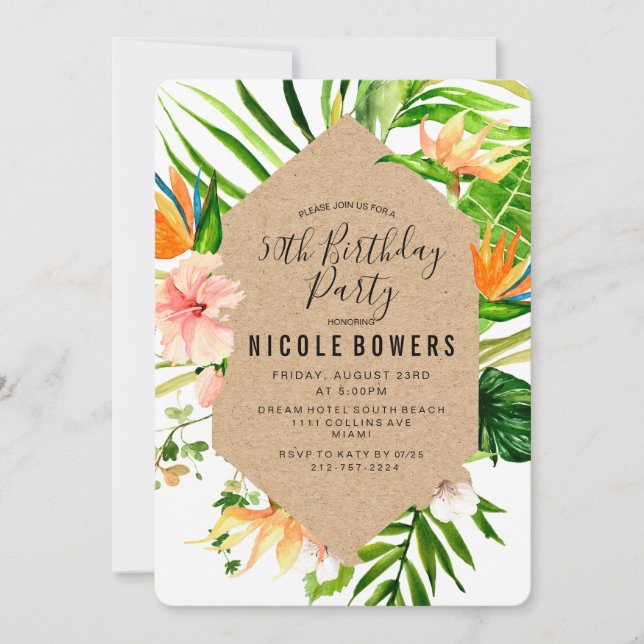 Invitation de fête d'anniversaire tropicale floral (Devant)