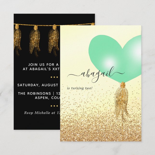 Invitation de fête d'anniversaire verte et or et r (Devant / Derrière)