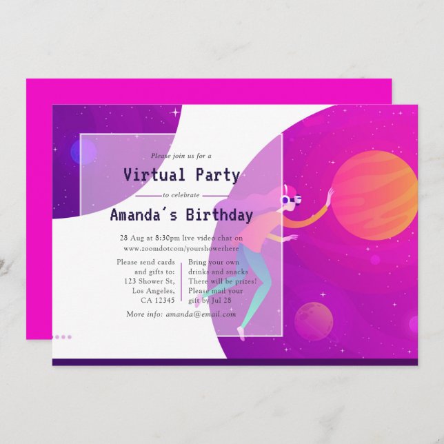 Invitation de fête d'anniversaire virtuelle rose c (Devant / Derrière)