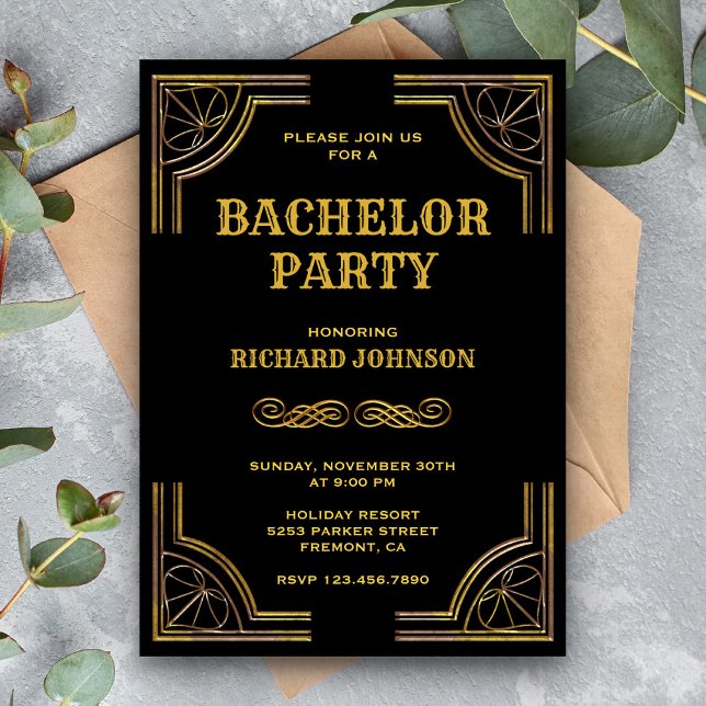 Invitation de fête de bachelor Art Déco en or noir (Créateur téléchargé)