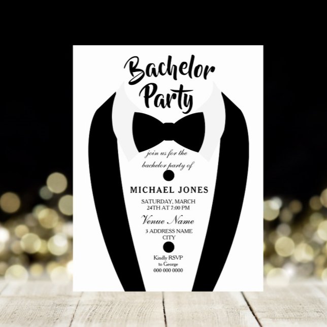 Invitation de fête de bachelor en nœud papillon en (Créateur téléchargé)