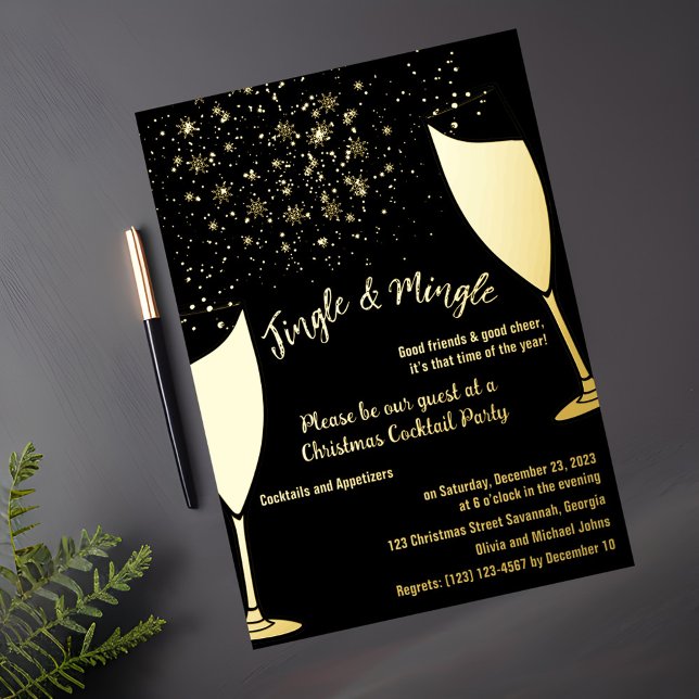 Invitation de fête de cocktail de Noël or et noir (Créateur téléchargé)