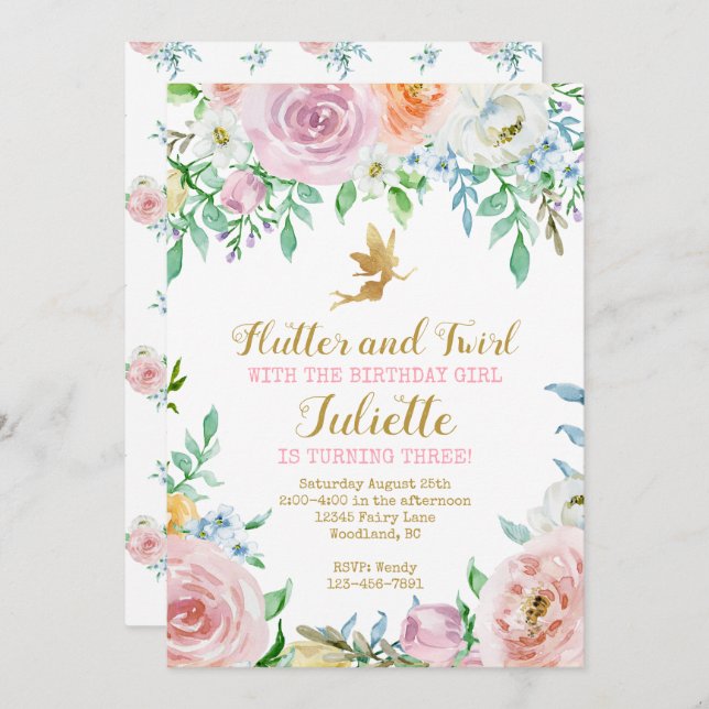 Invitation de fête de fée florale, Invitation de f (Devant / Derrière)