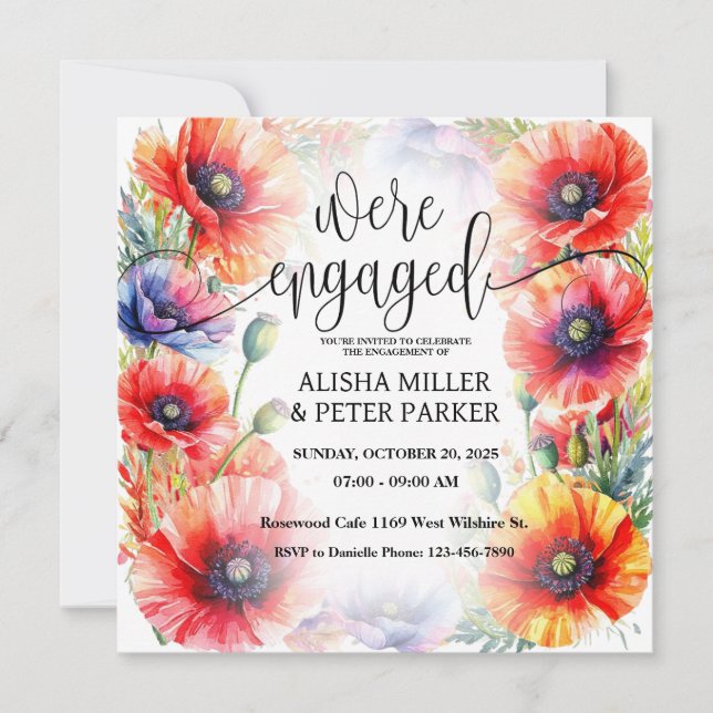Invitation de fête de fiançailles aquarelle Poppie (Devant)
