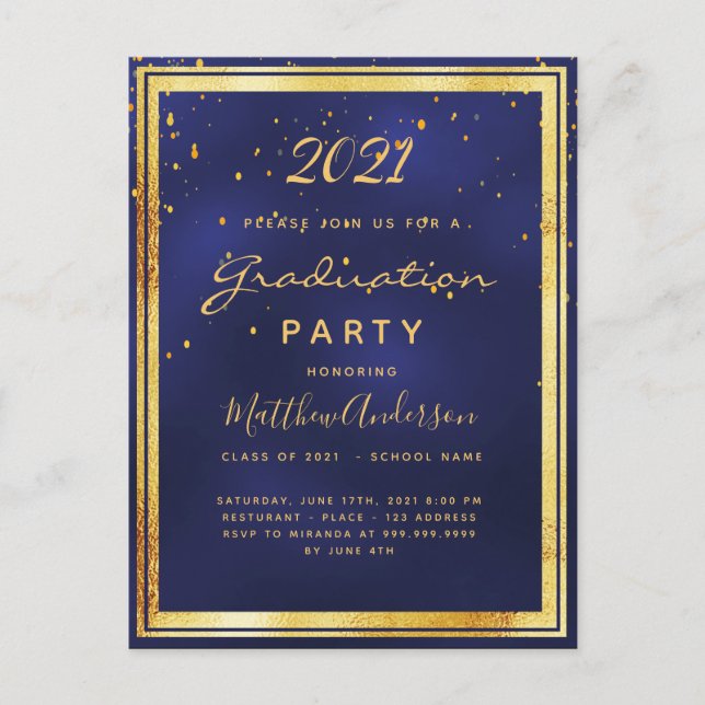 Invitation de fête de fin d'études bleu marine or (Devant)