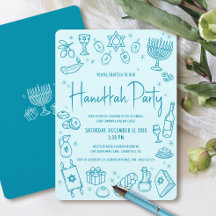Invitation de fête de Hanukkah turquoise dessinée 