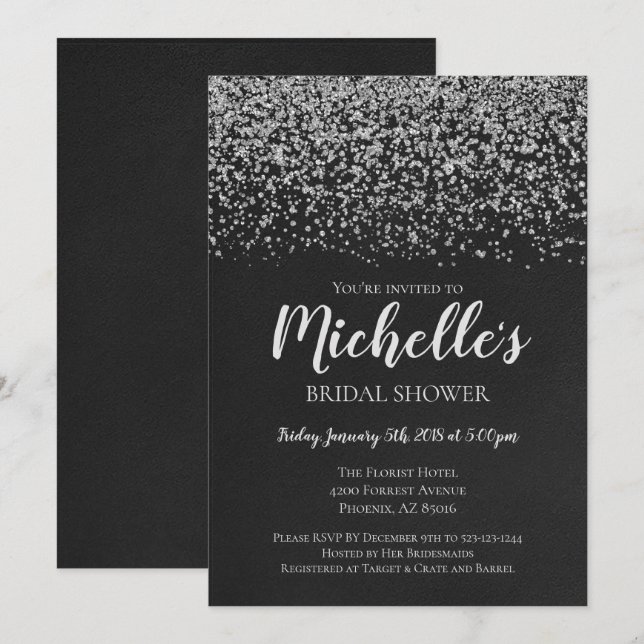 Invitation de Fête de la mariée, argent, noir, (Devant / Derrière)