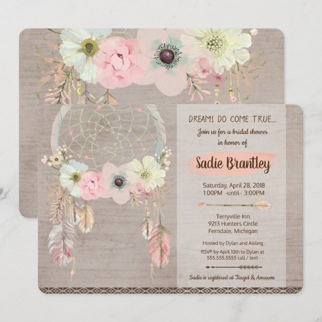 Invitation de Fête de la mariée de Boho, (Devant / Derrière)