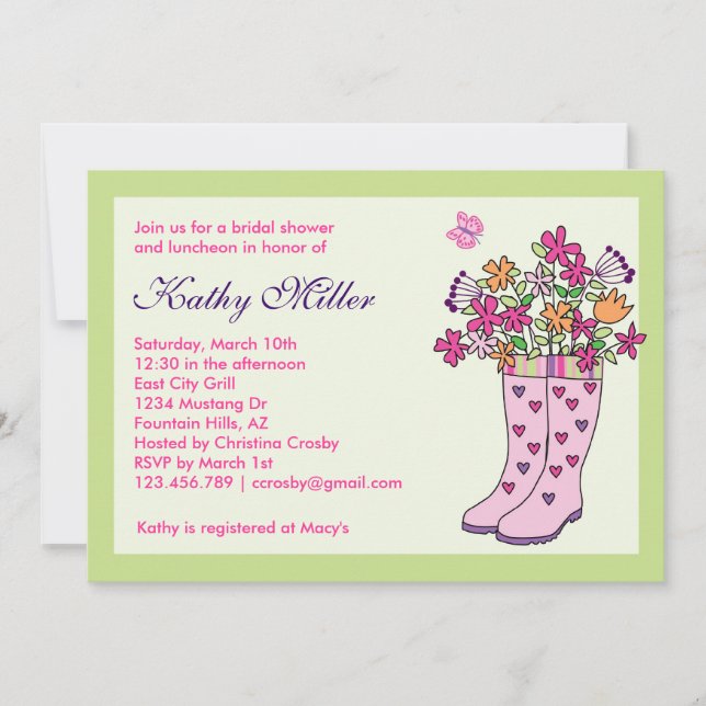 Invitation de Fête de la mariée de bottes de pluie (Devant)