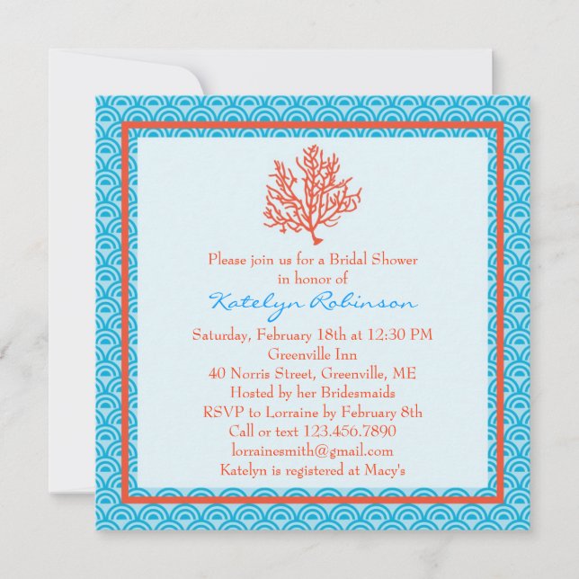 Invitation de Fête de la mariée de corail rouge (Devant)