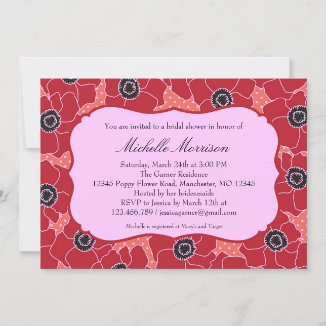 Invitation de Fête de la mariée de fleur de pavot (Devant)
