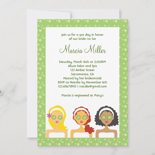 Invitation de Fête de la mariée de jour de spa (Devant)