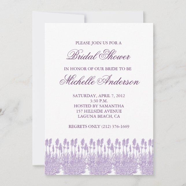 Invitation de Fête de la mariée de lavande (Devant)